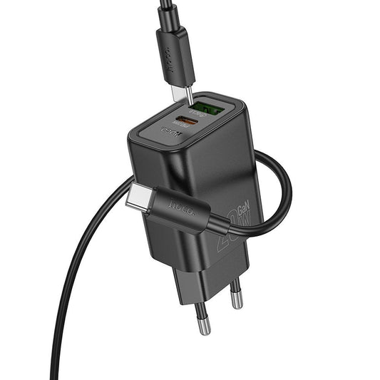 Φορτιστής Δικτύου με Καλώδιο Lightning HOCO N61, 20W, 3A, 1 x USB-A - 1 x USB-C, Μαύρο