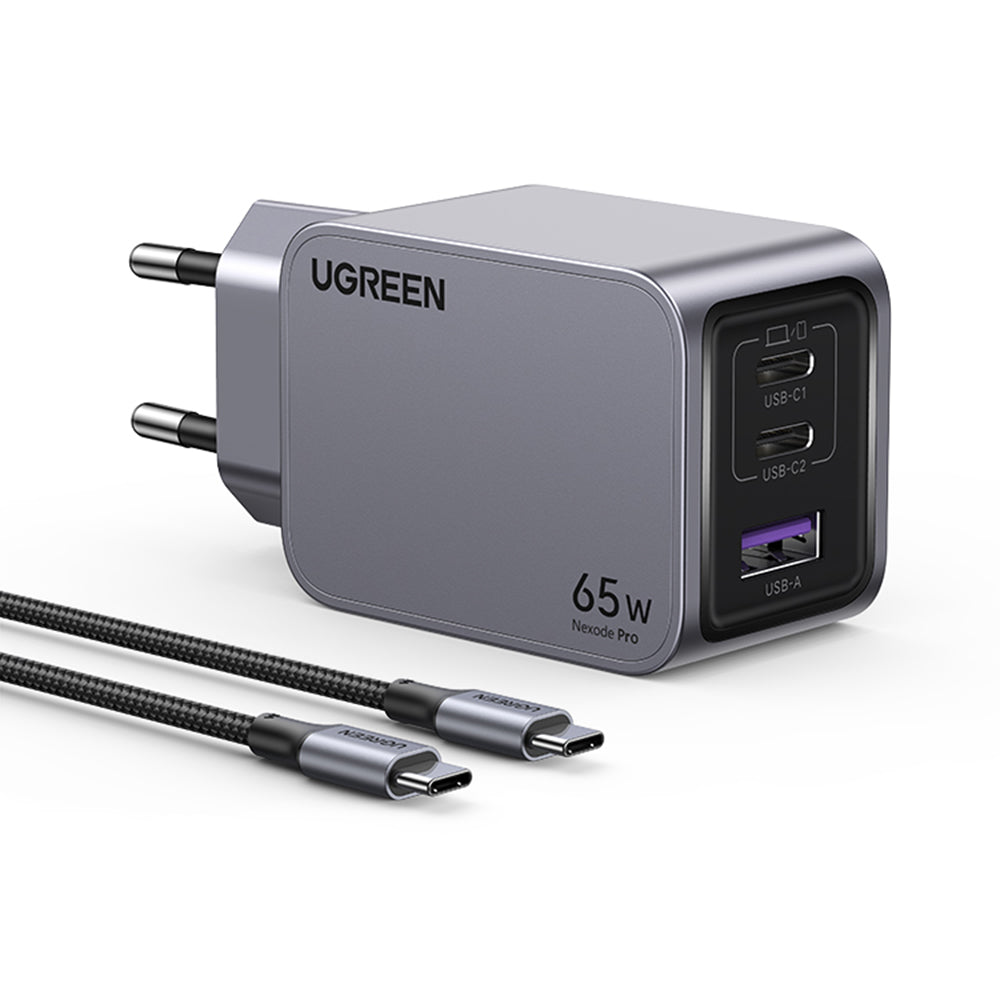 Φορτιστής Δικτύου με Καλώδιο USB-C UGREEN X755 Nexode Pro, 65W, 3A, 1 x USB-A - 2 x USB-C, Γκρι