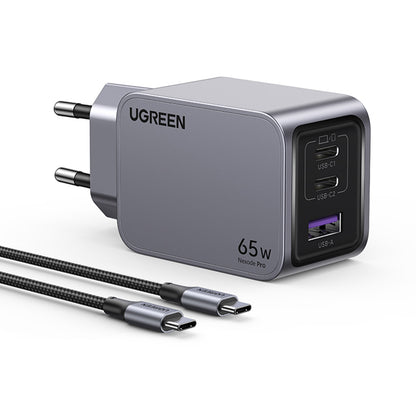 Φορτιστής Δικτύου με Καλώδιο USB-C UGREEN X755 Nexode Pro, 65W, 3A, 1 x USB-A - 2 x USB-C, Γκρι