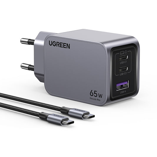 Φορτιστής Δικτύου με Καλώδιο USB-C UGREEN X755 Nexode Pro, 65W, 3A, 1 x USB-A - 2 x USB-C, Γκρι