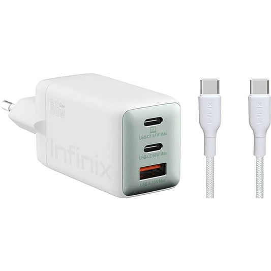 Φορτιστής Δικτύου με Καλώδιο USB-C Infinix XC07868EU + XDC95, 68W, 6.2A, 1 x USB-A - 2 x USB-C, Λευκό