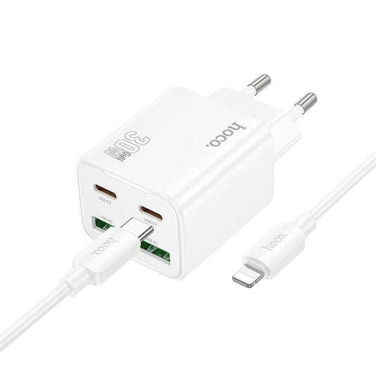 Network Charger with Lightning Cable HOCO N56, 30W, 3A, 2 x USB-A - 2 x USB-C, White