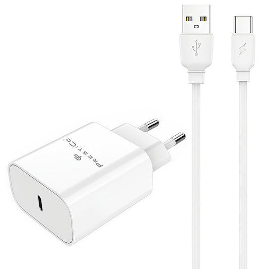 Φορτιστής Δικτύου με Καλώδιο USB-C Prestico F15S-C, 30W, 3A, 1 x USB-C, Λευκό