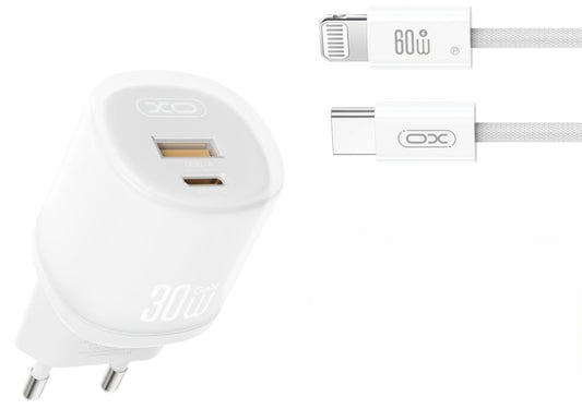 Φορτιστής Δικτύου με Καλώδιο Lightning XO Design L151, 30W, 3A, 1 x USB-A - 1 x USB-C, Λευκό