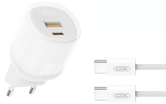 Φορτιστής Δικτύου με Καλώδιο USB-C XO Design L151, 30W, 3A, 1 x USB-A - 1 x USB-C, Λευκό