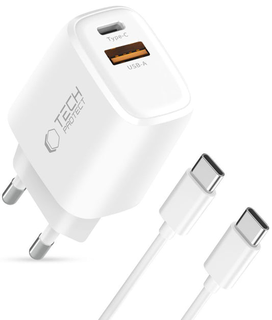 Φορτιστής Δικτύου με Καλώδιο USB-C Tech-Protect NCA45W, 45W, 3A, 1 x USB-A - 1 x USB-C, Λευκό