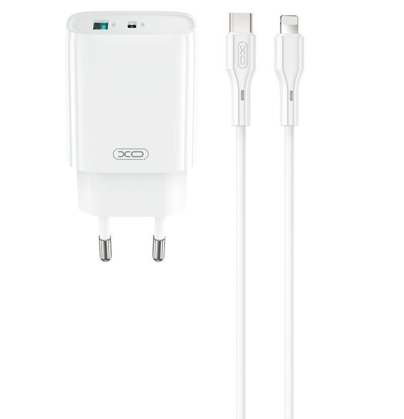 Network Charger with Lightning Cable XO Design CE30, 30W, 3A, 1 x USB-A - 1 x USB-C, White