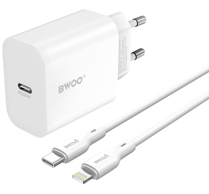 Φορτιστής Δικτύου με Καλώδιο Lightning BWOO CDA233, 20W, 3A, 1 x USB-C, Λευκό