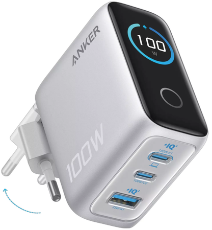 Φορτιστής Δικτύου με Καλώδιο USB-C Anker Smart Display, 100W, 5A, 1 x USB-A - 2 x USB-C, Ασημί B121BG41