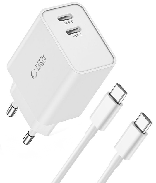 Φορτιστής Δικτύου με Καλώδιο USB-C Tech-Protect C35W, 35W, 3A, 2 x USB-C, Λευκό