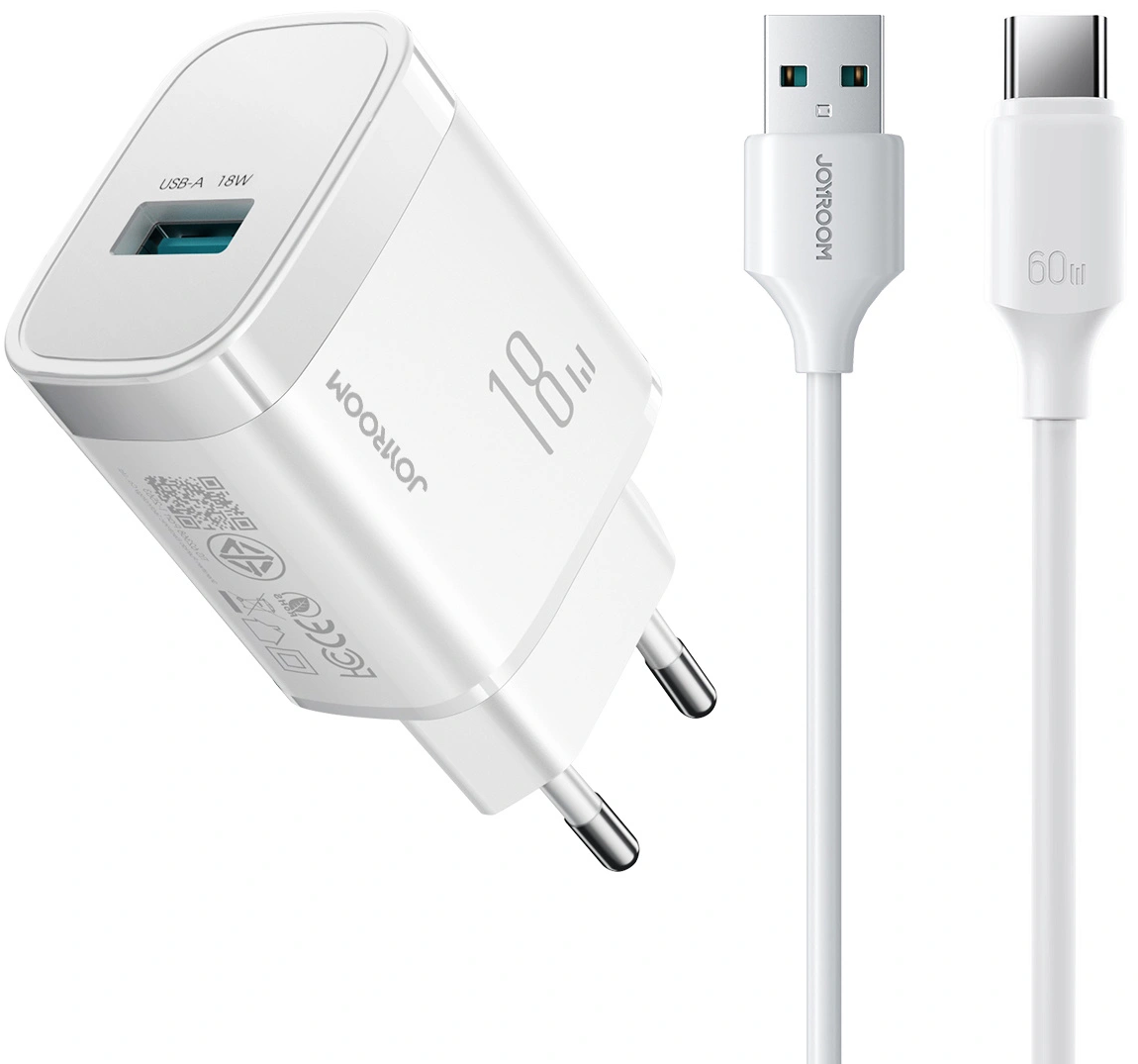 Φορτιστής Δικτύου με Καλώδιο USB-C Joyroom JR-TF4, 18W, 3A, 1 x USB-A, Λευκό