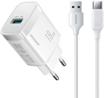 Φορτιστής Δικτύου με Καλώδιο USB-C Joyroom JR-TF4, 18W, 3A, 1 x USB-A, Λευκό
