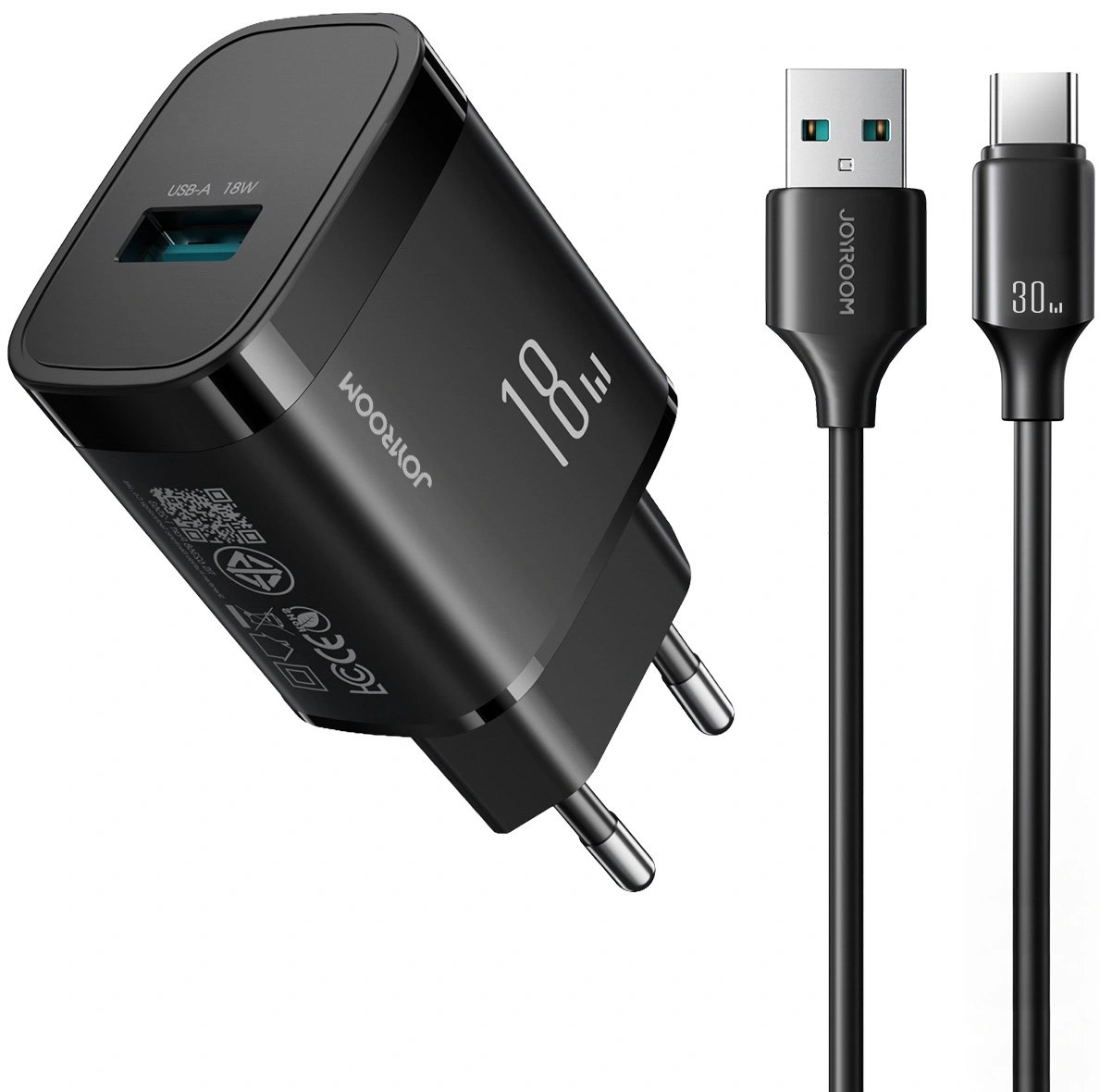 Φορτιστής Δικτύου με Καλώδιο USB-C Joyroom JR-TF4, 18W, 3A, 1 x USB-A, Μαύρο
