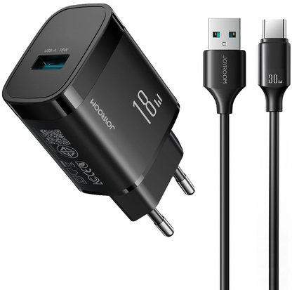 Φορτιστής Δικτύου με Καλώδιο USB-C Joyroom JR-TF4, 18W, 3A, 1 x USB-A, Μαύρο