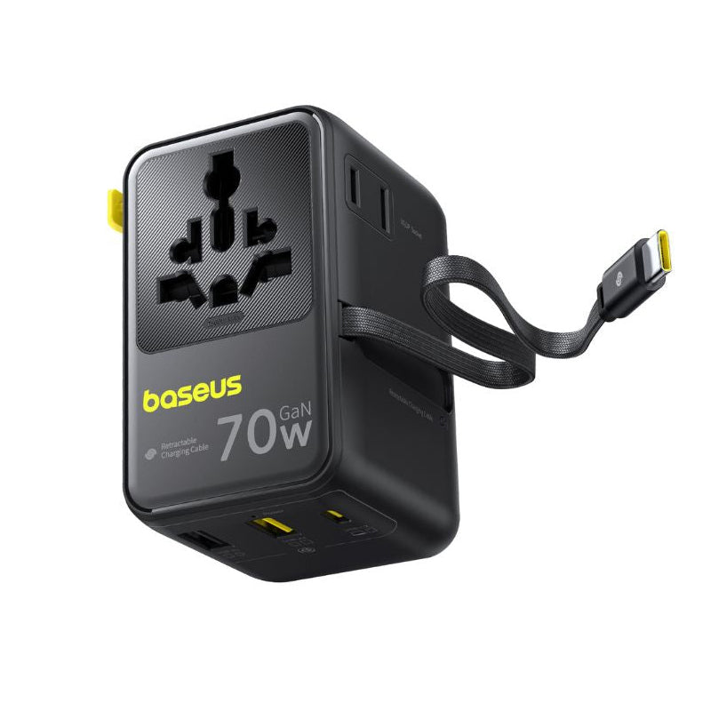 Φορτιστής Δικτύου με Καλώδιο USB-C Baseus Travel EnerCore CG11, 70W, 2 x Πρίζα - 1 x USB-C - 2 x USB-A, Μαύρο E0307E00