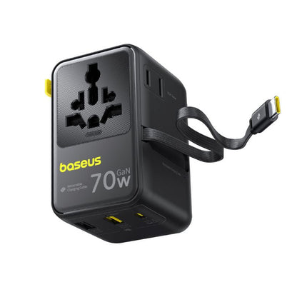 Φορτιστής Δικτύου με Καλώδιο USB-C Baseus Travel EnerCore CG11, 70W, 2 x Πρίζα - 1 x USB-C - 2 x USB-A, Μαύρο E0307E00