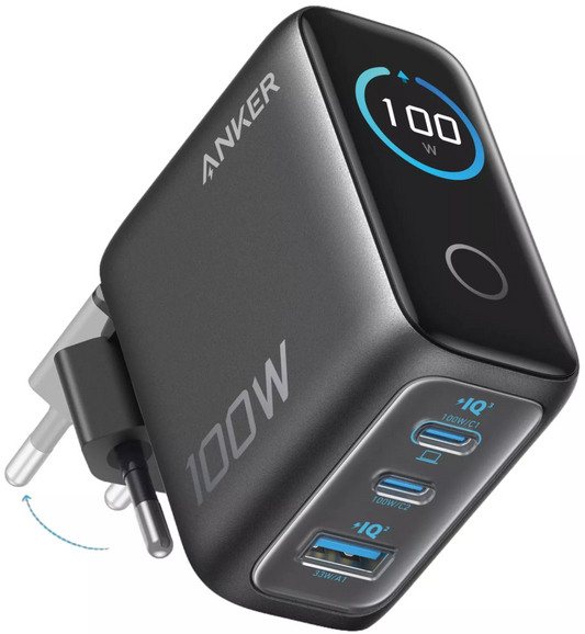 Φορτιστής Δικτύου με Καλώδιο USB-C Anker Smart Display, 100W, 5A, 1 x USB-A - 2 x USB-C, Γκρι, Επανασφραγισμένος B121BGZ1