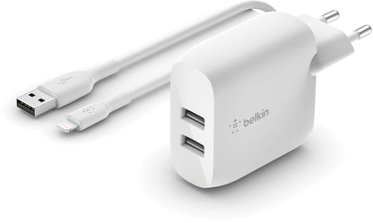 Φορτιστής Δικτύου με Καλώδιο USB-C Belkin BoostCharge Dual, 24W, 2.4A, 2 x USB-A, Λευκό WCE001vf1MWH