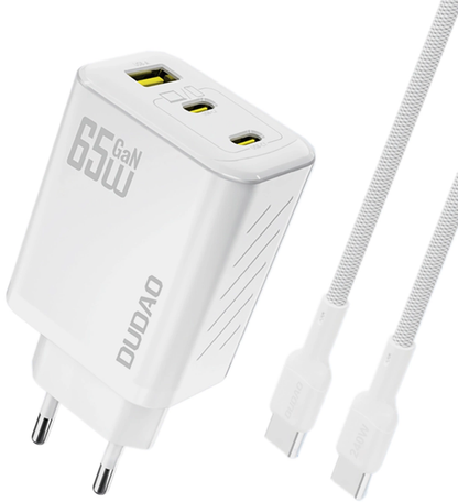 Dudao A29C USB-C Cable Wall Charger, 65W, 3.25A, 1 x USB-A - 2 x USB-C, White
