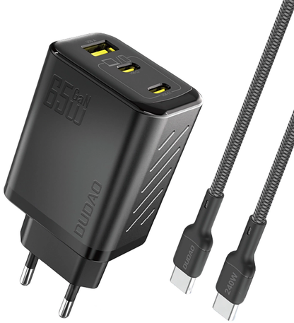 Φορτιστής Δικτύου με Καλώδιο USB-C Dudao A29C, 65W, 3.25A, 1 x USB-A - 2 x USB-C, Μαύρο