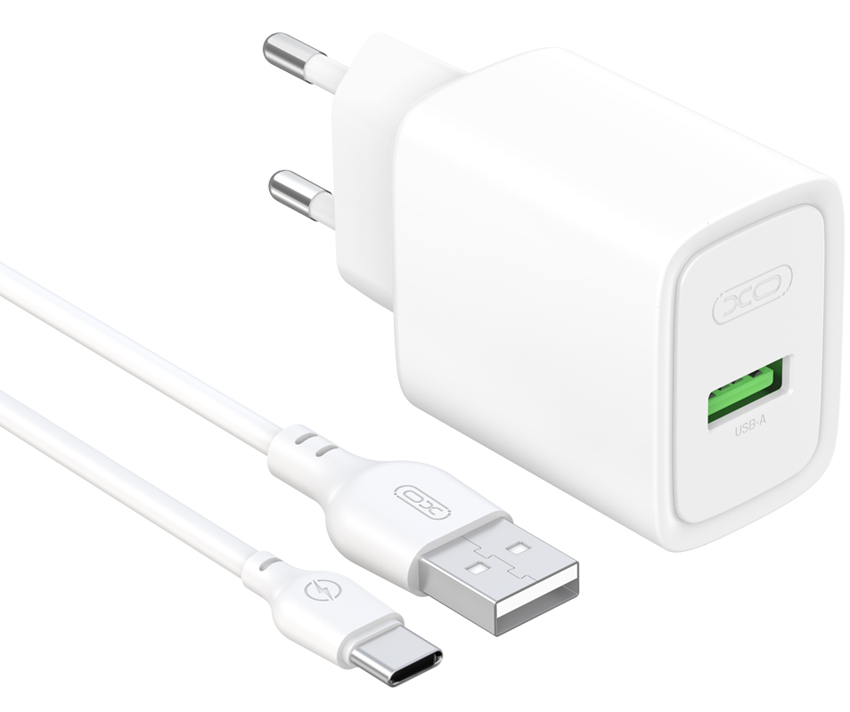 Φορτιστής πρίζας με καλώδιο USB-C XO Design CE50, 18W, 3A, 1 x USB-A, Λευκός
