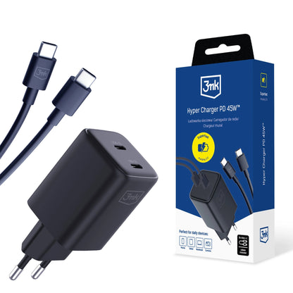 Φορτιστής δικτύου 3MK HyperCharger με καλώδιο USB-C, 45W, 3A, 2 x USB-C, Μαύρο 