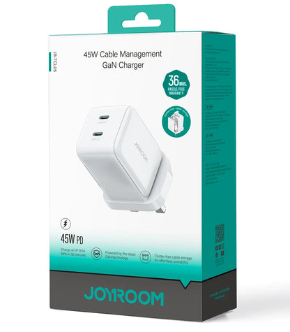 Φορτιστής Δικτύου με Καλώδιο USB-C Joyroom JR-TCL05, 45W, 3A, 2 x USB-C, Λευκό