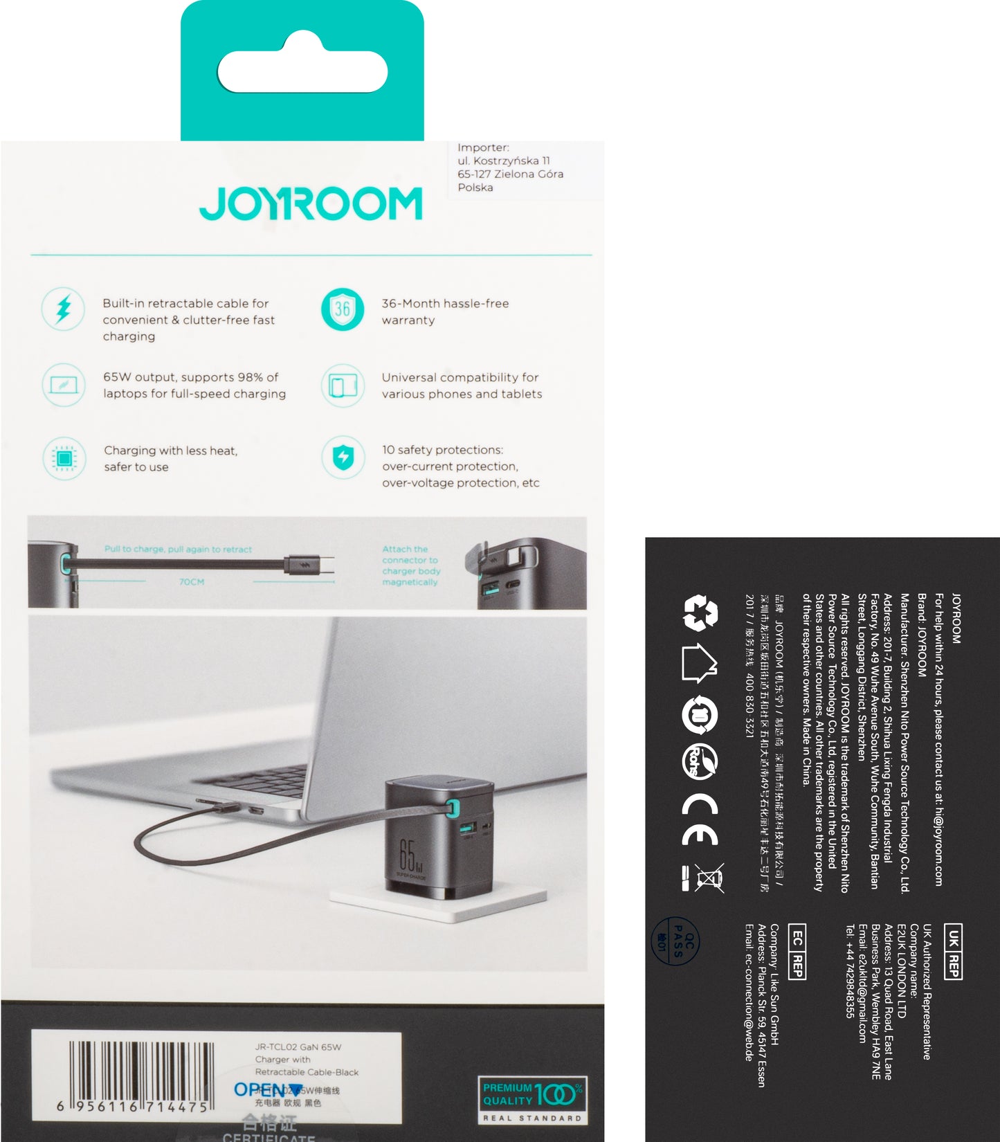 Joyroom JR-TCL02 Καλώδιο USB-C Φορτιστής δικτύου JR-TCL02, 65W, 3A, 1 x USB-A - 1 x USB-C, Μαύρο 