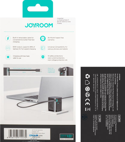 Joyroom JR-TCL02 Καλώδιο USB-C Φορτιστής δικτύου JR-TCL02, 65W, 3A, 1 x USB-A - 1 x USB-C, Μαύρο 