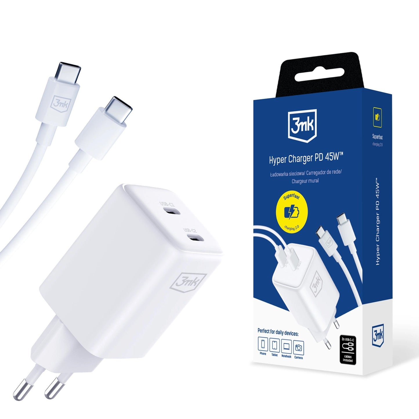 Φορτιστής δικτύου 3MK HyperCharger με καλώδιο USB-C, 45W, 3A, 2 x USB-C, λευκό 