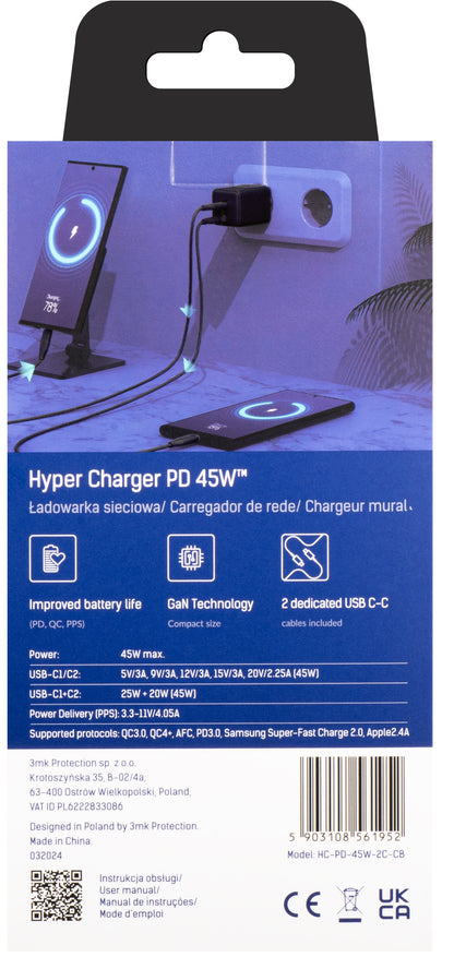 Φορτιστής δικτύου 3MK HyperCharger με καλώδιο USB-C, 45W, 3A, 2 x USB-C, Μαύρο 