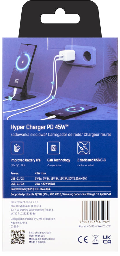 Φορτιστής δικτύου 3MK HyperCharger με καλώδιο USB-C, 45W, 3A, 2 x USB-C, λευκό 