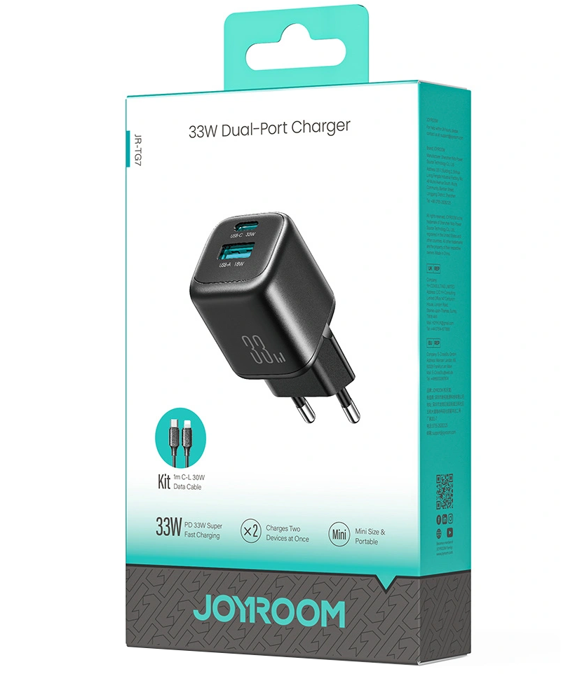 Φορτιστής Δικτύου με Καλώδιο Lightning Joyroom JR-TG7, 33W, 3A, 1 x USB-A - 1 x USB-C, Μαύρο