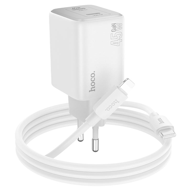 Φορτιστής δικτύου με καλώδιο Lightning HOCO N42, 45W, 3A, 2 x USB-C, λευκό 