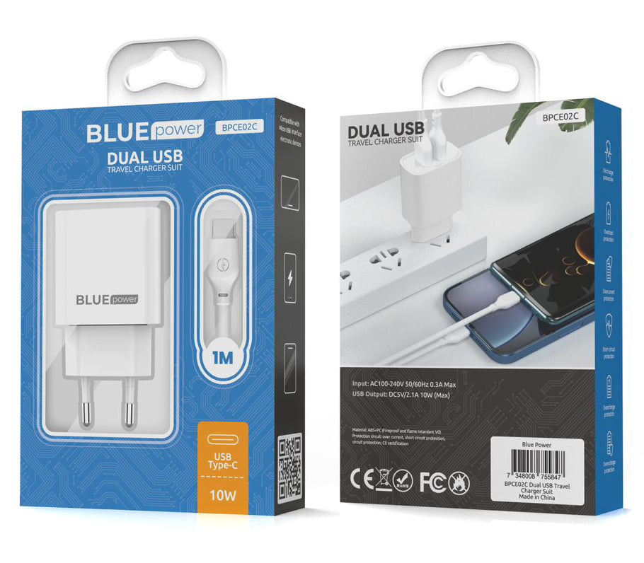 Blue Power BPCE02C Φορτιστής δικτύου με καλώδιο USB-C BPCE02C, 10,5W, 2,1A, 2 x USB-A, Λευκό