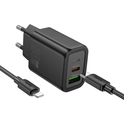 Φορτιστής Δικτύου με Καλώδιο Lightning HOCO N63, 30W, 3A, 1 x USB-A - 1 x USB-C, Μαύρο