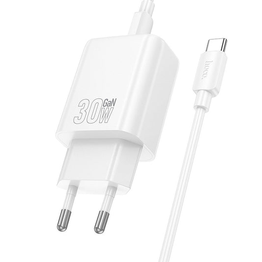 Φορτιστής Δικτύου με Καλώδιο USB-C HOCO N62, 30W, 3A, 1 x USB-C, Λευκό