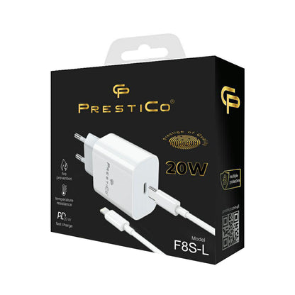Φορτιστής Δικτύου με Καλώδιο Lightning Prestico F8S, 20W, 3A, 1 x USB-C, Λευκό