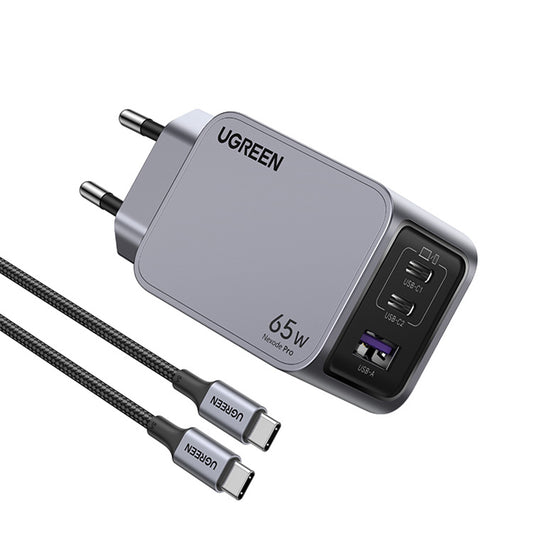 Φορτιστής Δικτύου με Καλώδιο USB-C UGREEN X755 Nexode Pro, 65W, 3A, 1 x USB-A - 2 x USB-C, Γκρι