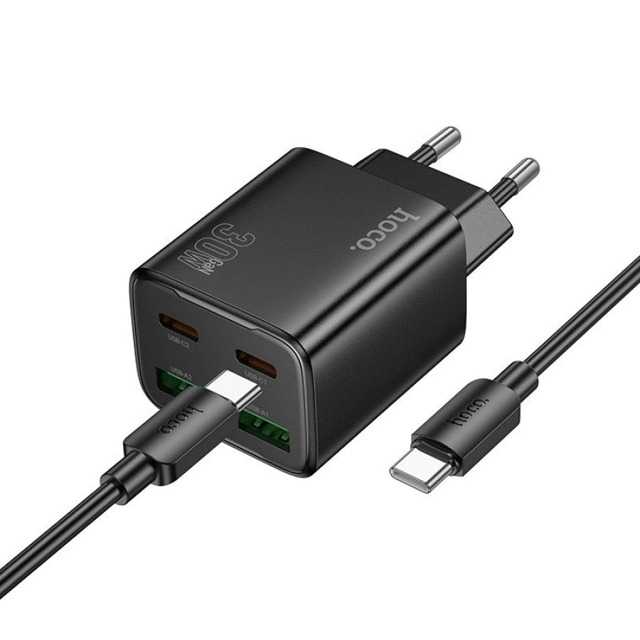 Φορτιστής Δικτύου με Καλώδιο USB-C HOCO N56, 30W, 3A, 2 x USB-A - 2 x USB-C, Μαύρο