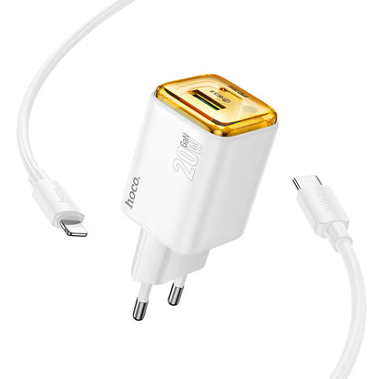 Φορτιστής Δικτύου με Καλώδιο Lightning HOCO N52, 20W, 3A, 1 x USB-A - 1 x USB-C, Λευκό