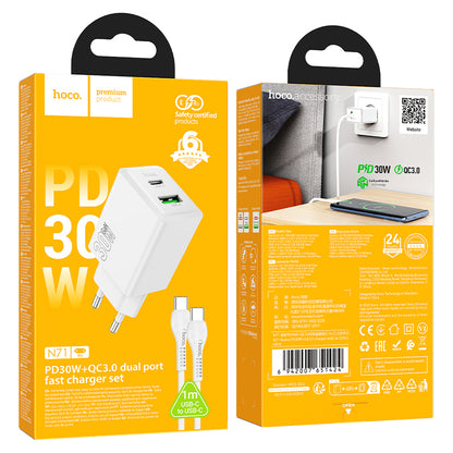 Network Charger with USB-C Cable HOCO N71, 30W, 3A, 1 x USB-A - 1 x USB-C, White