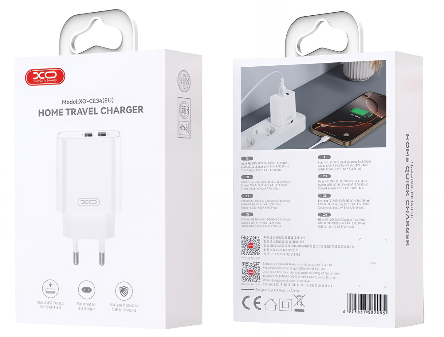 Φορτιστής Δικτύου με Καλώδιο Lightning XO Design CE34, 12W, 2.4A, 2 x USB-A, Λευκό