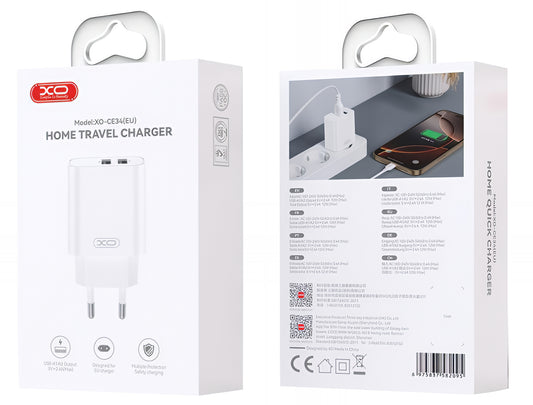 Φορτιστής Δικτύου με Καλώδιο Lightning XO Design CE34, 12W, 2.4A, 2 x USB-A, Λευκό
