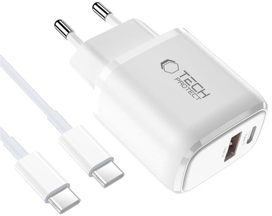 Φορτιστής Δικτύου με Καλώδιο USB-C Tech-Protect NCA45W, 45W, 3A, 1 x USB-A - 1 x USB-C, Λευκό