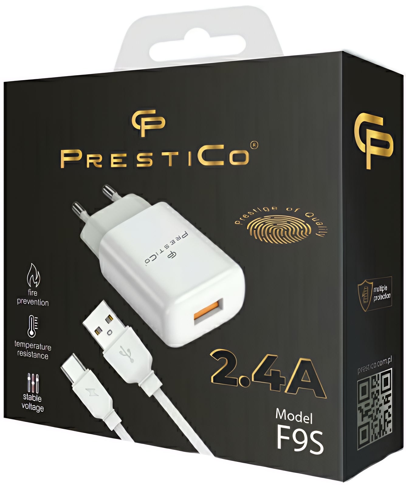 Φορτιστής Δικτύου με Καλώδιο USB-C Prestico F9S, 12W, 2.4A, 1 x USB-A, Λευκό