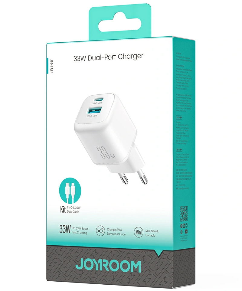 Φορτιστής Δικτύου με Καλώδιο Lightning Joyroom JR-TG7, 33W, 3A, 1 x USB-A - 1 x USB-C, Λευκό