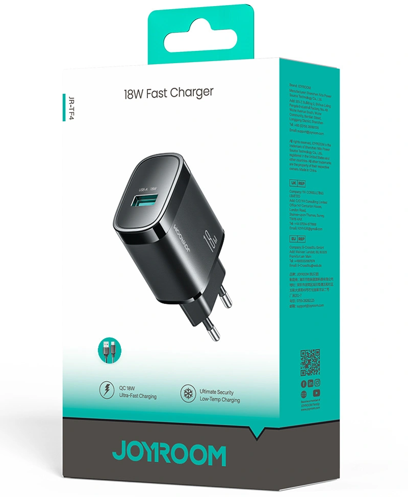 Φορτιστής Δικτύου με Καλώδιο USB-C Joyroom JR-TF4, 18W, 3A, 1 x USB-A, Μαύρο