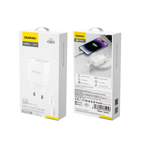 Φορτιστής Δικτύου με Καλώδιο Lightning Dudao A4EU, 10W, 2.1A, 1 x USB-A, Λευκό