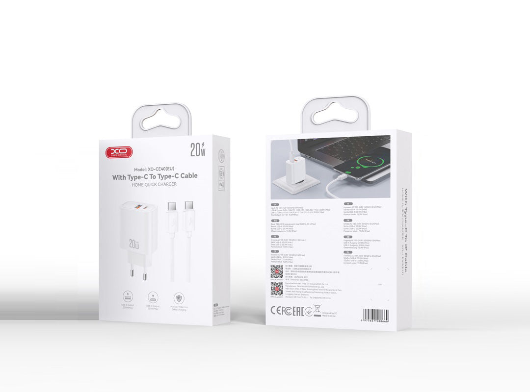 Φορτιστής Δικτύου με Καλώδιο USB-C XO Design CE40, 20W, 3A, 1 x USB-A - 1 x USB-C, Λευκό